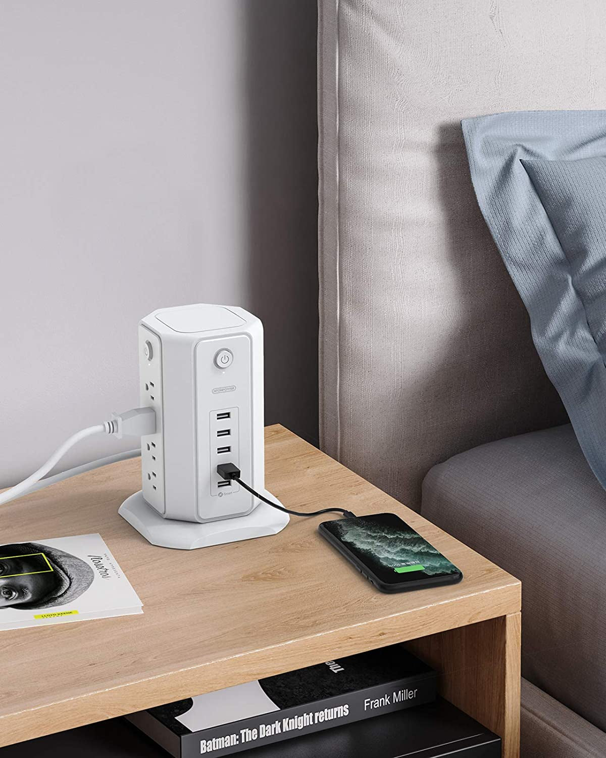 Surge Protector Power Strip Tower with 8 Outlets and 5 USB Ports, 1625W 13A Desktop Charging Station, 6Ft Flat Plug Extension Cord, Individual Switches, 1080 Joules Overload Protection for Home and Office Use