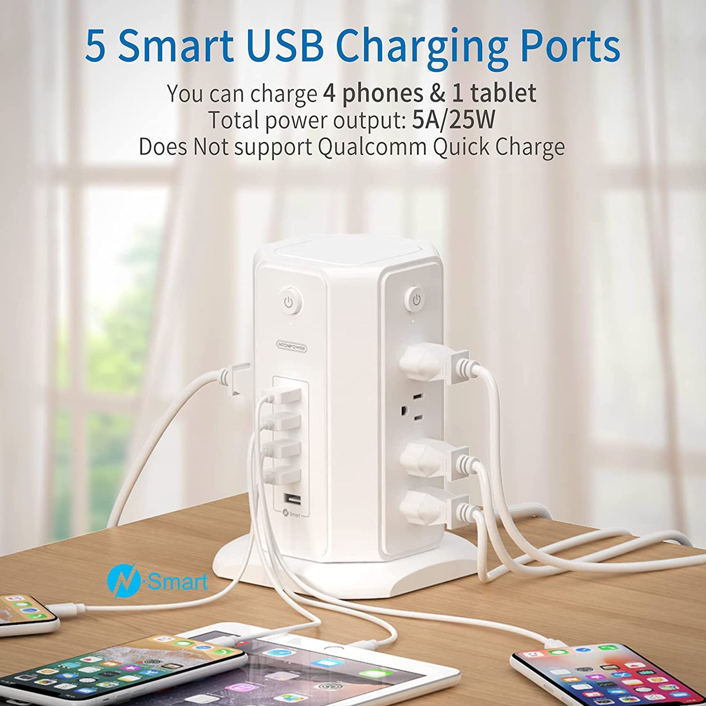 Surge Protector Power Strip Tower with 8 Outlets and 5 USB Ports, 1625W 13A Desktop Charging Station, 6Ft Flat Plug Extension Cord, Individual Switches, 1080 Joules Overload Protection for Home and Office Use
