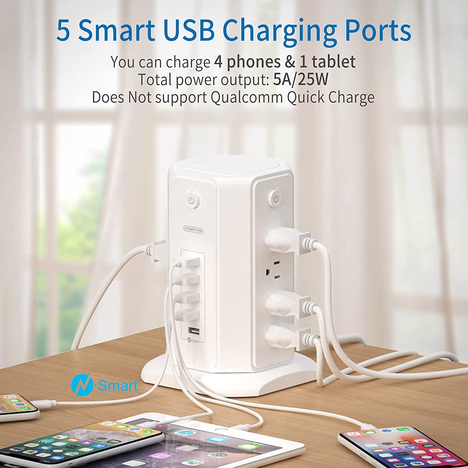 Surge Protector Power Strip Tower with 8 Outlets and 5 USB Ports, 1625W 13A Desktop Charging Station, 6Ft Flat Plug Extension Cord, Individual Switches, 1080 Joules Overload Protection for Home and Office Use