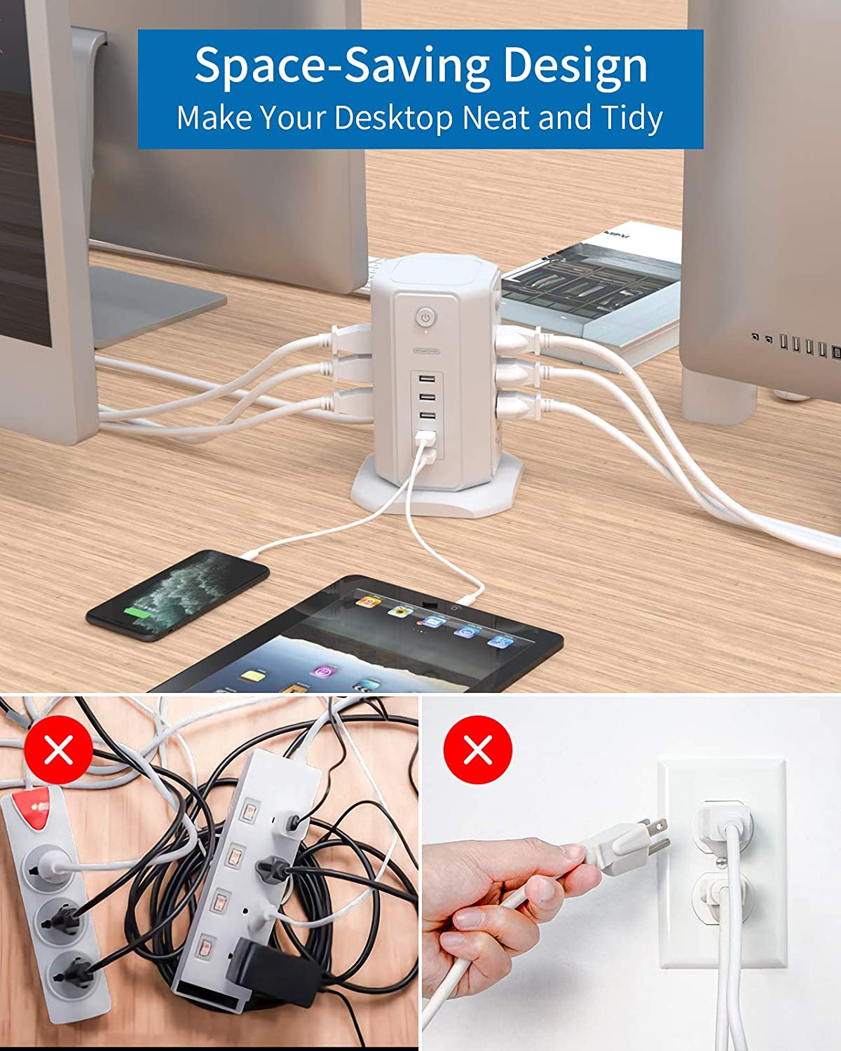 Surge Protector Power Strip Tower with 8 Outlets and 5 USB Ports, 1625W 13A Desktop Charging Station, 6Ft Flat Plug Extension Cord, Individual Switches, 1080 Joules Overload Protection for Home and Office Use