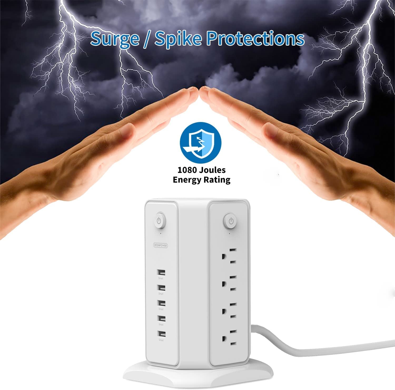 Surge Protector Power Strip Tower with 8 Outlets and 5 USB Ports, 1625W 13A Desktop Charging Station, 6Ft Flat Plug Extension Cord, Individual Switches, 1080 Joules Overload Protection for Home and Office Use
