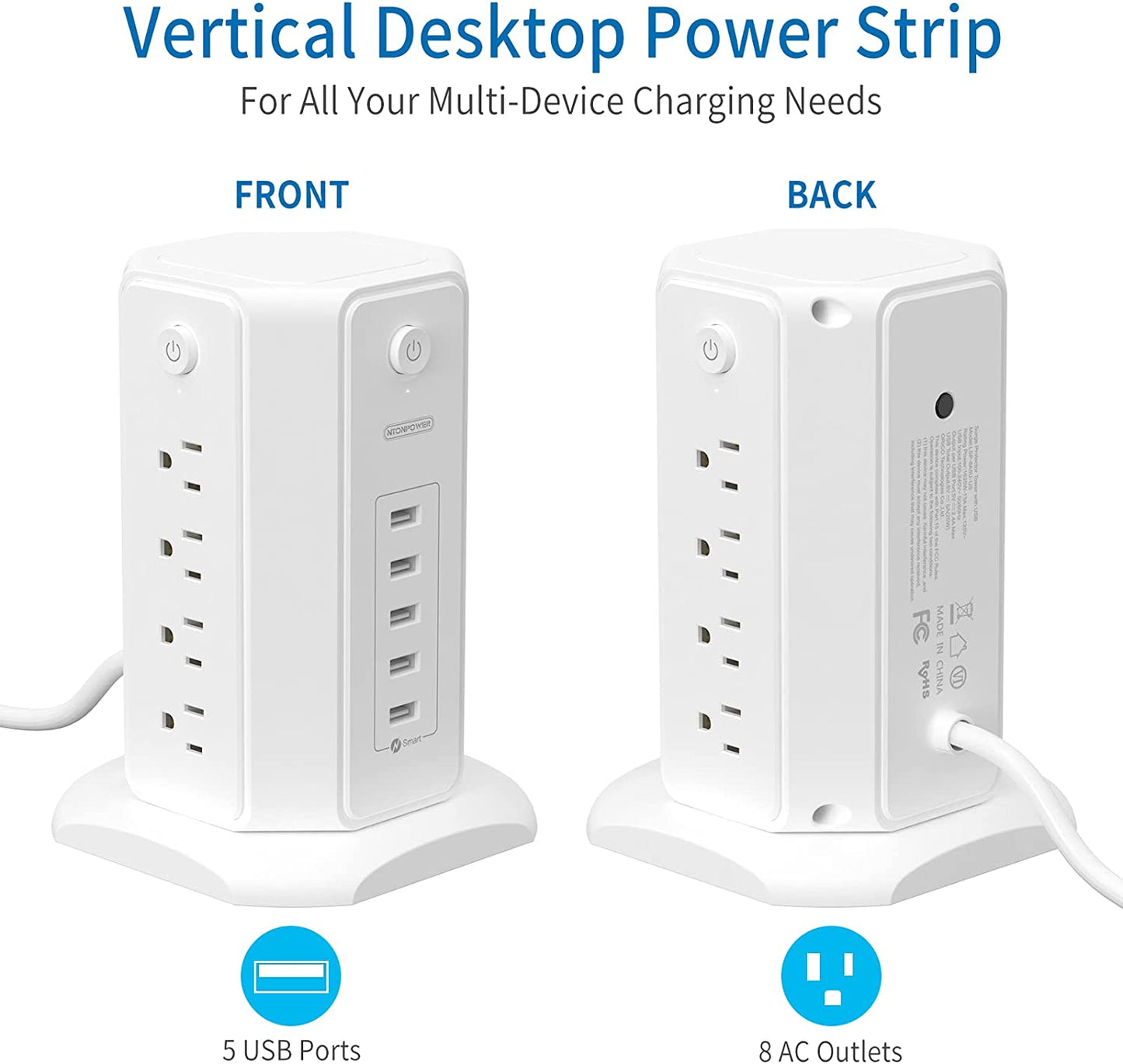 Surge Protector Power Strip Tower with 8 Outlets and 5 USB Ports, 1625W 13A Desktop Charging Station, 6Ft Flat Plug Extension Cord, Individual Switches, 1080 Joules Overload Protection for Home and Office Use