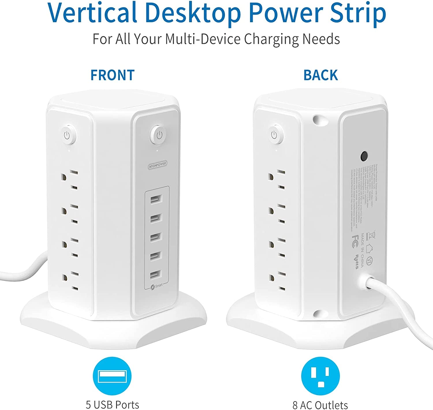 Surge Protector Power Strip Tower with 8 Outlets and 5 USB Ports, 1625W 13A Desktop Charging Station, 6Ft Flat Plug Extension Cord, Individual Switches, 1080 Joules Overload Protection for Home and Office Use