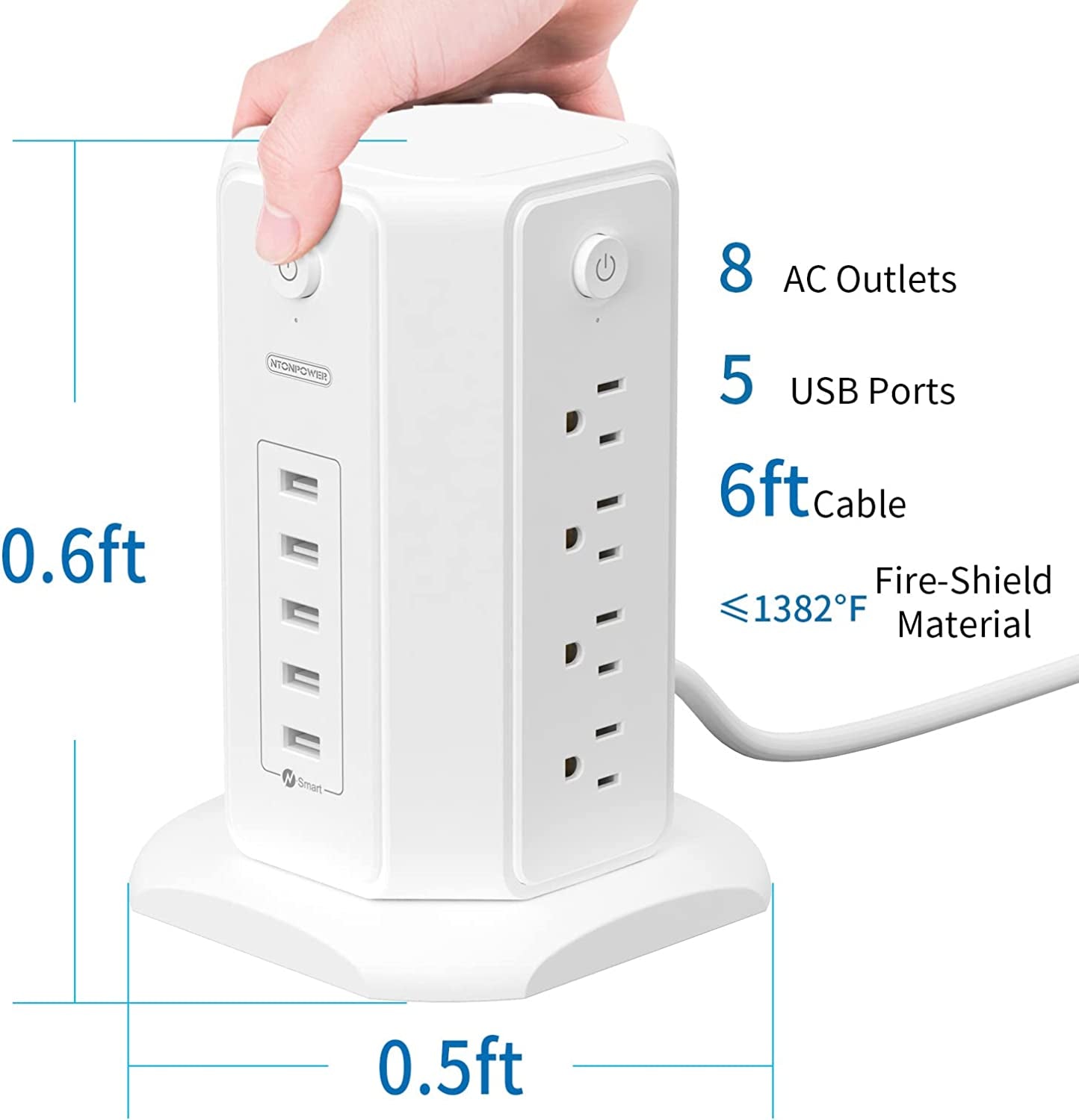 Surge Protector Power Strip Tower with 8 Outlets and 5 USB Ports, 1625W 13A Desktop Charging Station, 6Ft Flat Plug Extension Cord, Individual Switches, 1080 Joules Overload Protection for Home and Office Use